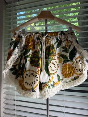 FARM Rio Cream Tropical Fruit Print Fringe Shorts